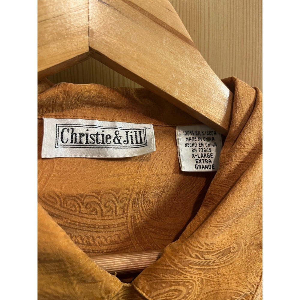 Christie & Jill Silk Paisley Button Down Shirt Womens XL Orange Jacquard Top - Picture 3 of 7